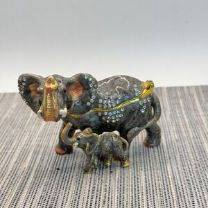 Elephant Mother Baby Trinket Box Hinged Enamel Rhinestone Figurine Grey Gold